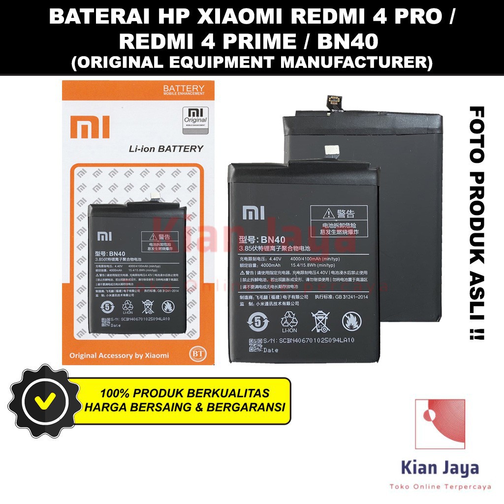 Baterai Xiaomi Redmi 4 Pro / Prime BN40 Original OEM Batre Batrai Battery Hp Xiao Mi BN 40 Ori