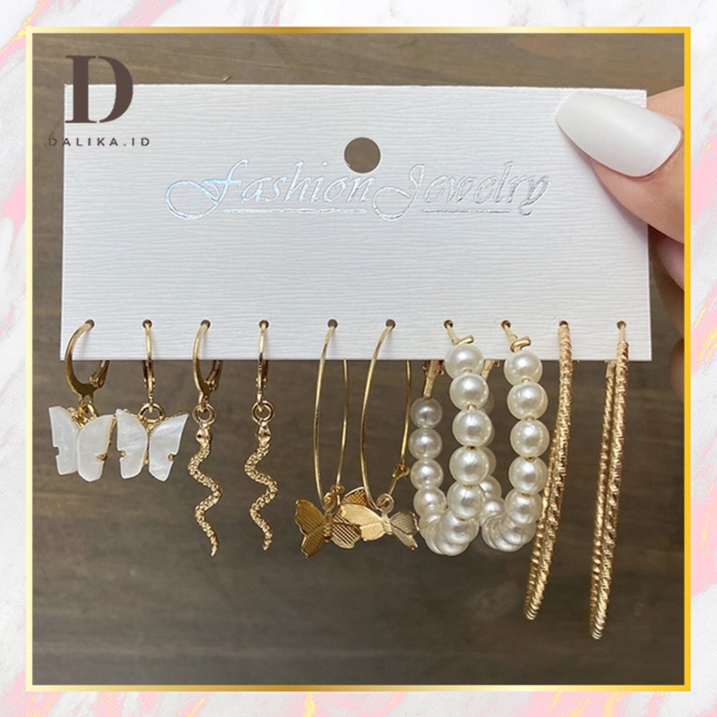 Anting Set Tusuk 6 Pasang Kupu Hoop Mutiara Ular Mini Dalika