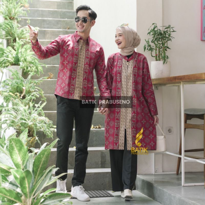 PRABUSENO// Cauple Batik Printing HANUM.MERAH Slimfit Lengan Panjang Original Kemeja Atasan Elegan K