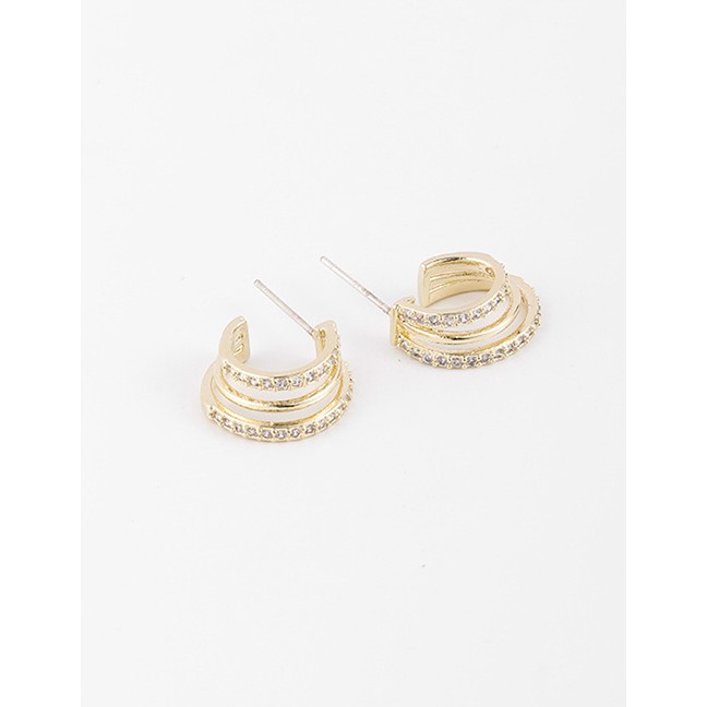 LRC Anting Tusuk Fashion Golden 925 Silver Pin Three-layer Circle Earrings With Micro Diamonds D9881