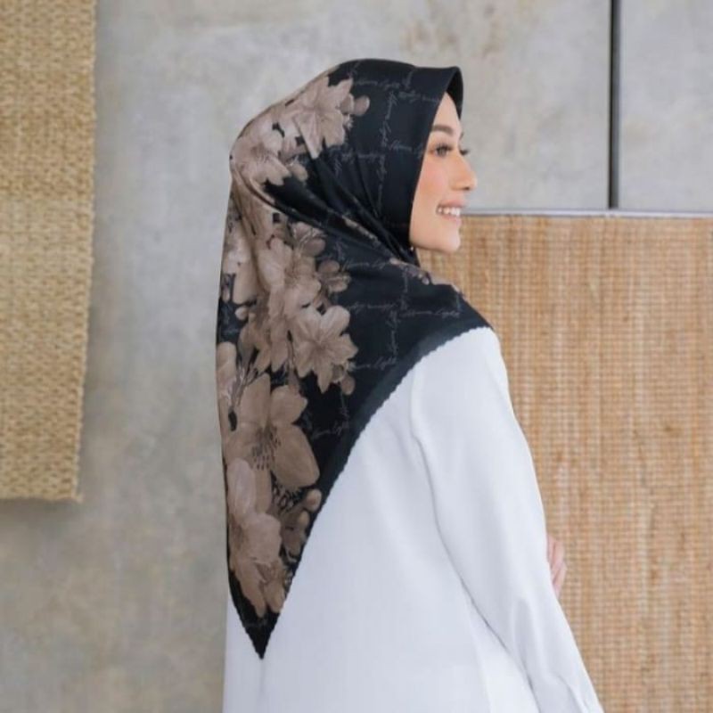 Terbaru !! Hijab Voal Segiempat Motif Latefa Hitam Kerudung Segiempat Voal Jilbab Voal