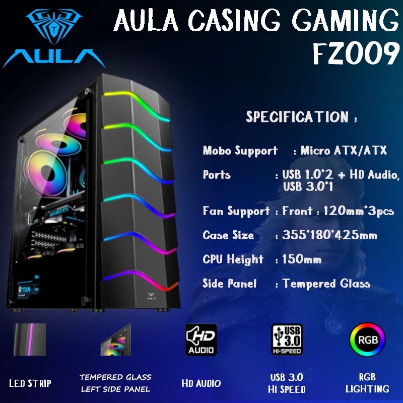 Casing AULA FZ009 FZ011 FZ012 Tempered Glass Mid ATX Tower Free 3 Fan Tanpa PSU