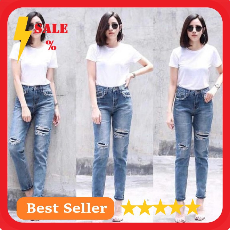  Celana  Jeans Panjang Casual Wanita Model High Waist dengan 