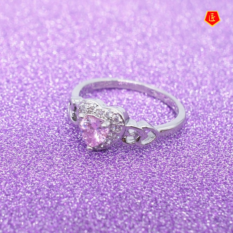 [Ready Stock]Korean Style Fashion Popular Heart-Shaped Pink Crystal Ring