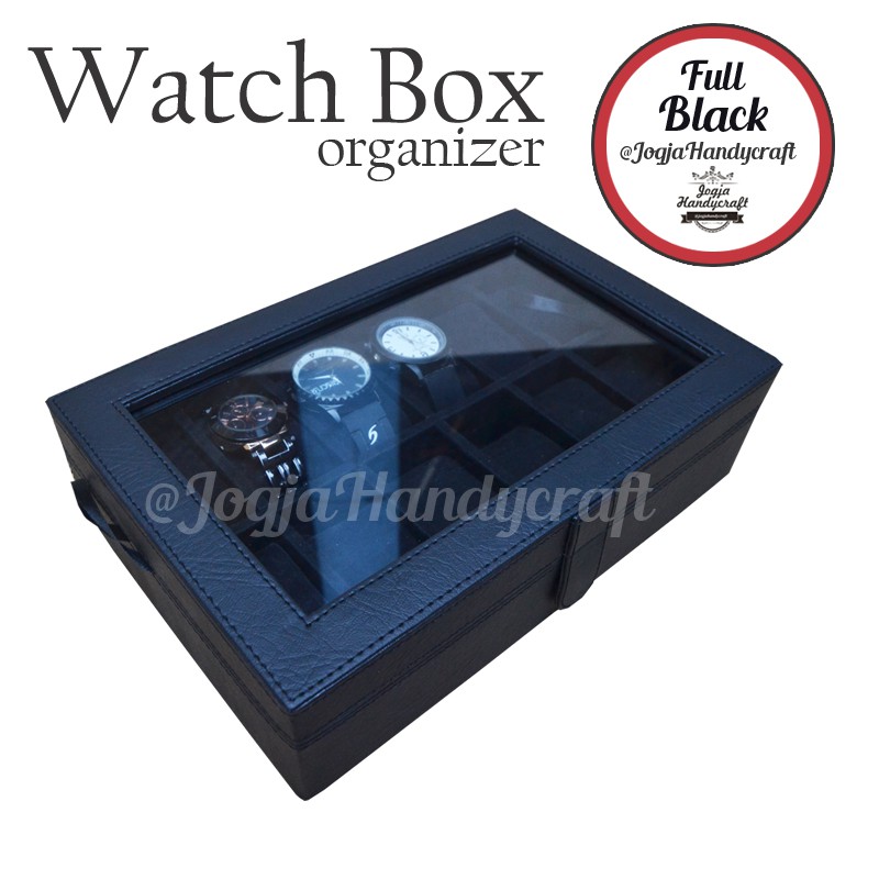 FULL BLACK WATCH BOX ORGANIZER FOR 12 WATCHES (box jam tangan isi 12)