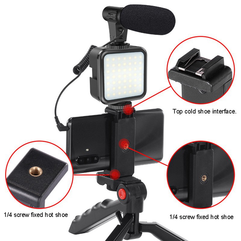 Vlogging KIT Paket Vlog 5 Item LED Video Light Phone Holder Tripod Microphone Remote Shutter KIT01