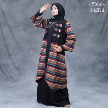 Ariana Gamis Outer Batik Shafiy Original Modern Etnik Jumbo Kombinasi Polos Tenun Lurik Terbaru Dress Wanita Muslimah Dewasa Kekinian Cantik Kondangan Muslim  Syari XL