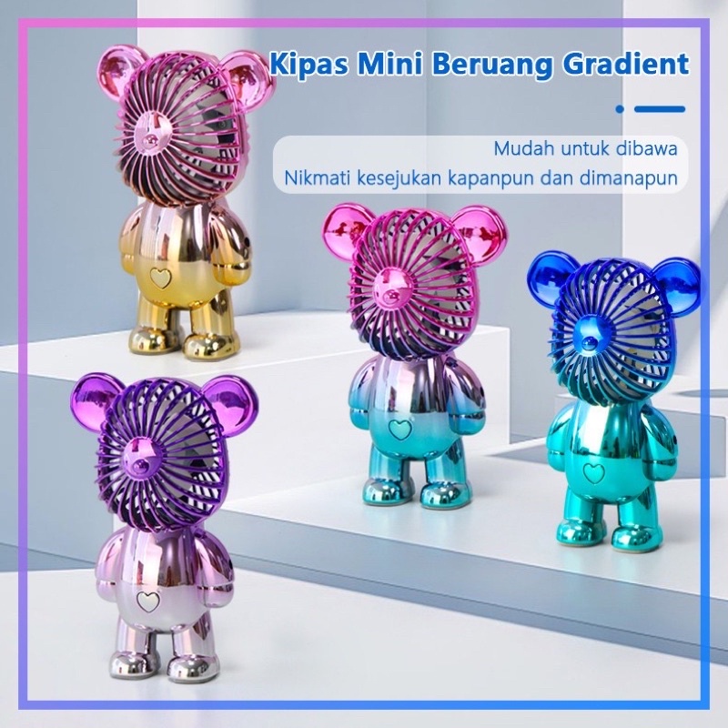 Kipas Angin Mini Portable Karakter Bearbrick Meja USB Cas 3 Pengaturan Kecepatan Bentuk Beruang Alas Anti Selip Bagian Bawah