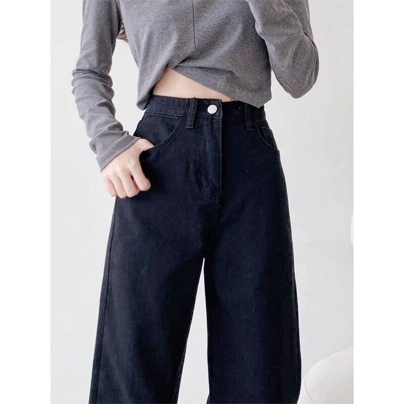Hitam Celana Panjang High Waist Korean Straight Jeans Kulot Jeans Wanita Kekinian