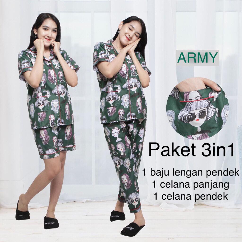 JNV Piyama Dewasa CP 3in1 Motif Karakter Kartun 01 - Baju Tidur 3in1 - Bahan Katun-Retro Army