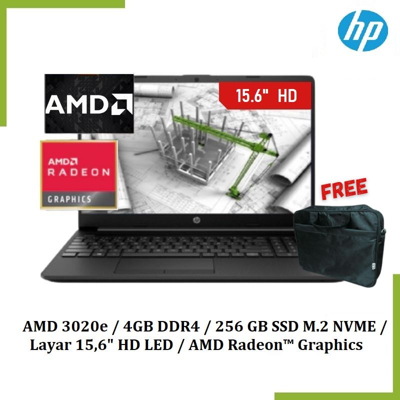 Promo Laptop HP 15s- eq1052nia (AMD 3020e-256GB SSD-4GB DDR4-AMD Radeon Graphics-15.6"HD) - BLACK