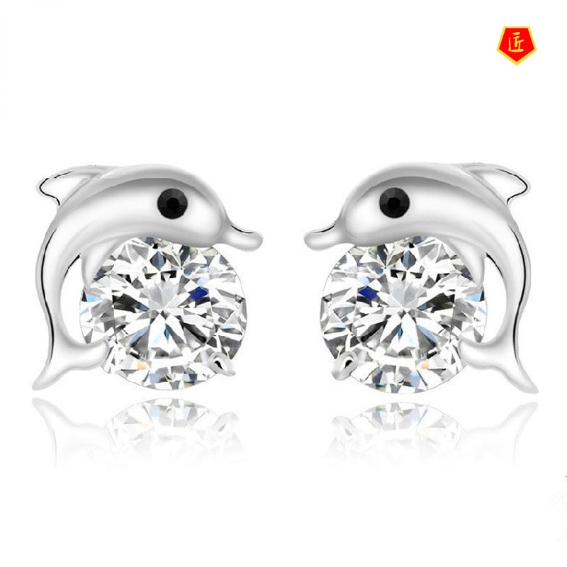 [Ready Stock]Silver Dolphin Diamond Stud Earrings Korean Style Fashion