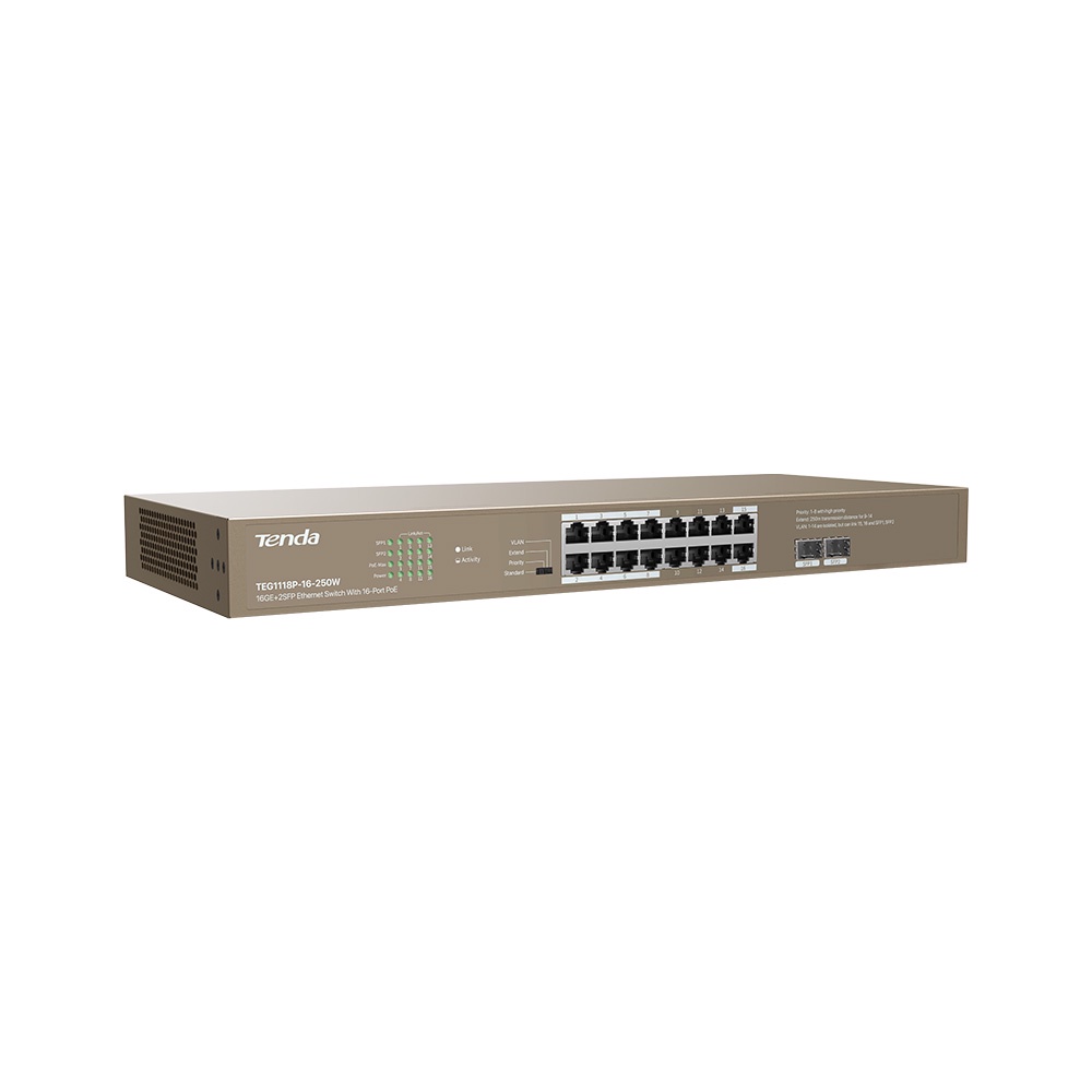 TENDA TEG1118P-16-250W 16GE+2SFP Ethernet Switch With 16-Port PoE