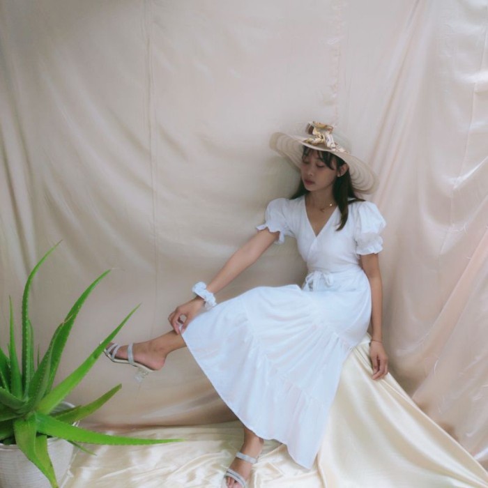 Long Dress Korea Dres warna Putih Polos Panjang Korean Style