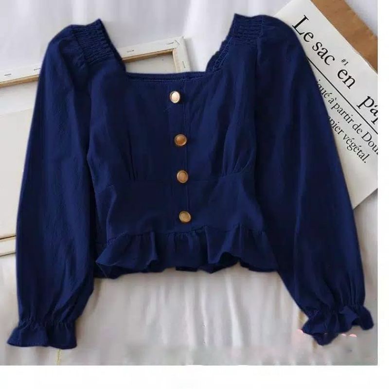 sharita button blouse navy crop top// atasan blus kancing lengan panjang wanita