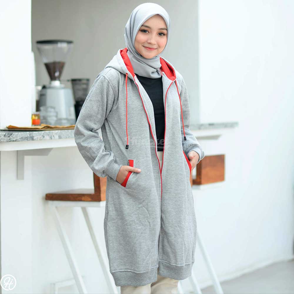 Jaket Jacket Polos Hoodie Panjang Wanita Cewek Muslimah Hijabers Kekinian Abu Muda Hijacket BC Grey-Abu Merah