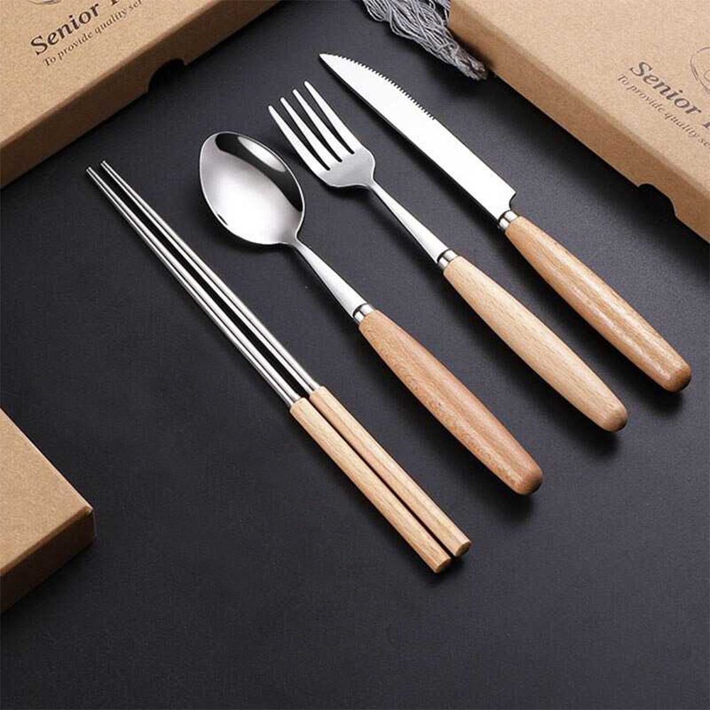 [ORIGINAL] Alat Makan Formal Sendok Garpu Pisau Sumpit Dinner Lunch Cutlery Set Perlengkapan Kayu Wooden Stainless Steel Anti Karat