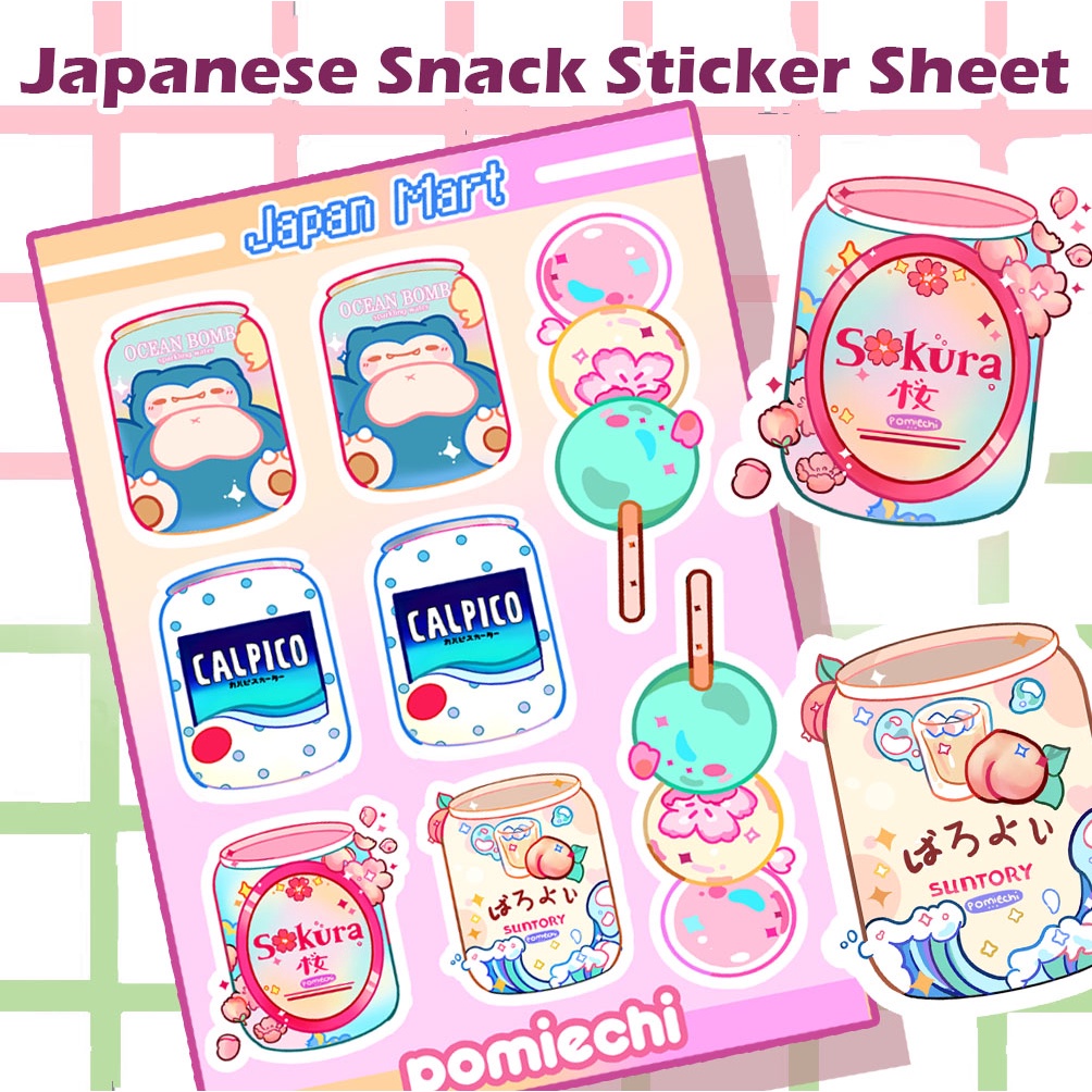 

Sticker Japan Snacks Sheet, Sticker Lucu Deco Jepang Konbini/Mart, Aesthetic Soda, Mochi Dango, Sakura dan Snorlax Pokemon Kawaii, Sticker Sheet Dekoratif untuk dekorasi Hiasan atau Bullet Journalling