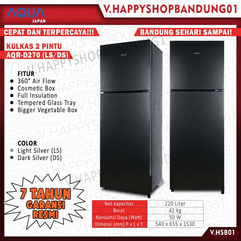 kulkas 2 pintu aqua type aqr-d270 2 pintu asi room/cosmetik box hemat listrik tampa bunga es #murah