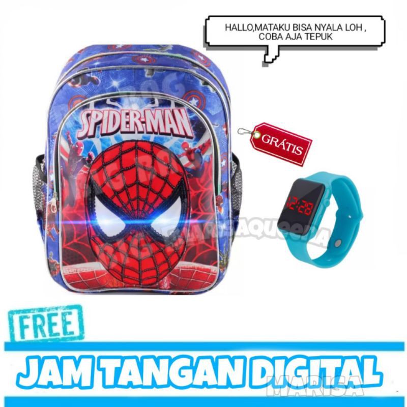 TAS ANAK BERHADIAH JAM TANGAN LED, TAS ANAK KARAKTER SPIDERMAN, RANSEL ANAK LED, TAS SEKOLAH ANAK