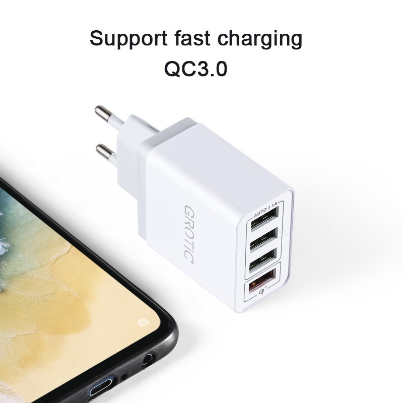 GROTIC Kepala Charger Quick Charge QC3.0 4USB Port Mobile Adaptor BK-376 + Kabel Data Charger