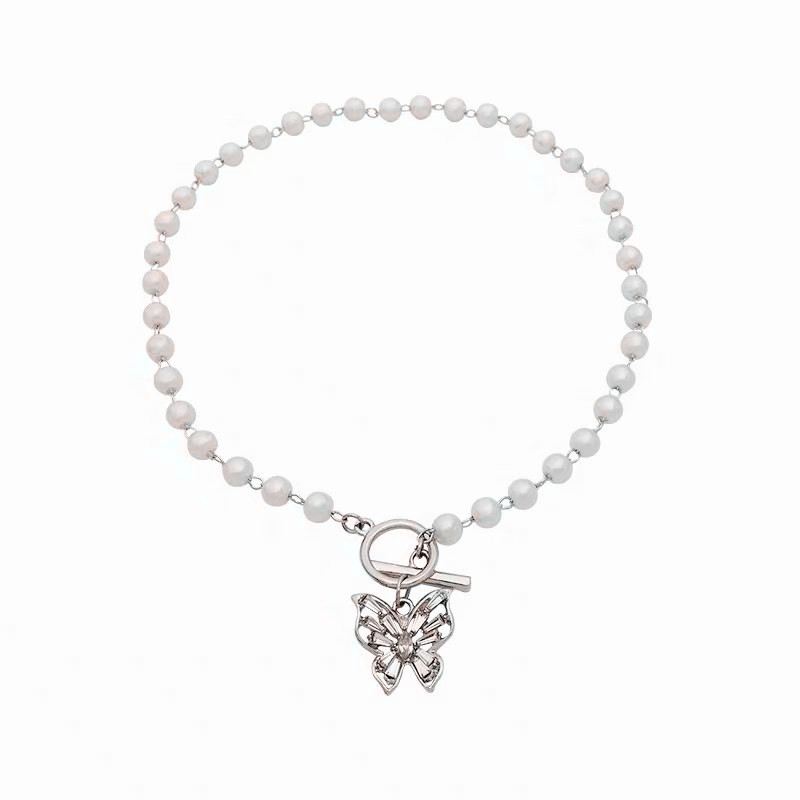 YEEZII Simple Retro Pearl Butterfly Necklace Luxury Rhinestone Choker Clavicle Chain Jewelry Accessories Gift