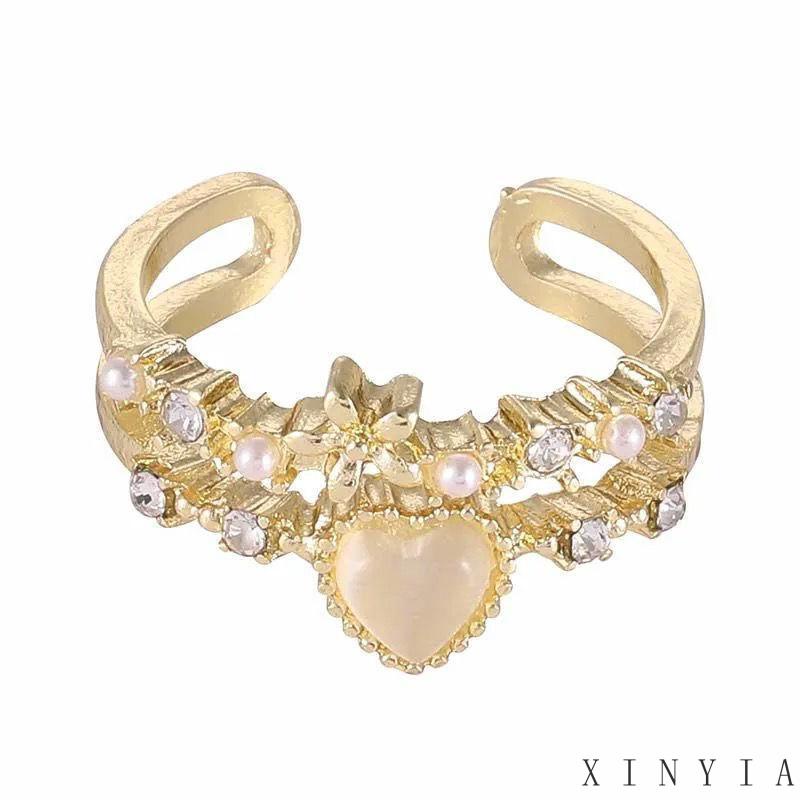 【Bayar di tempat】Set Perhiasan Cincin Adjustable Desain Bunga Hati Kristal Mutiara Warna Pink Untuk Wanita