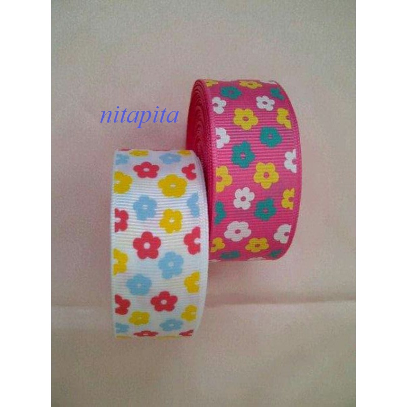 GRANDMLATI pita grossgrain bunga bunga pink dan putih