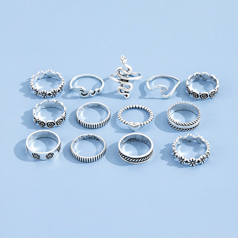 13pcs / Set Cincin Silver Vintage Desain Ular / Bunga / Ombak Untuk Wanita