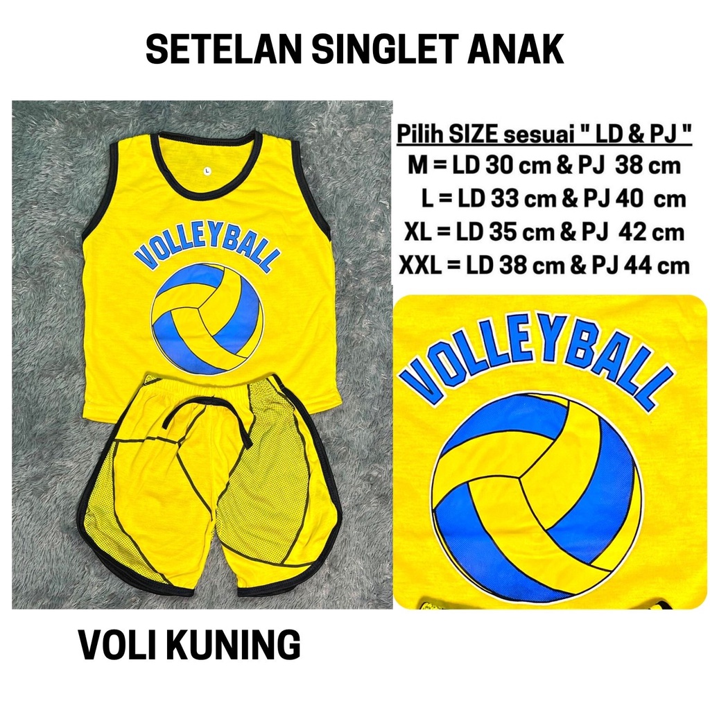 Setelan Anak Laki Laki Baju Kutung Stelan Lekbong Cowok Bola Basket Kaos Singlet Cowo Murah Harian Celana Pendek 3 4 5 6 Tahun Kode 101-101 VOLI KUNING