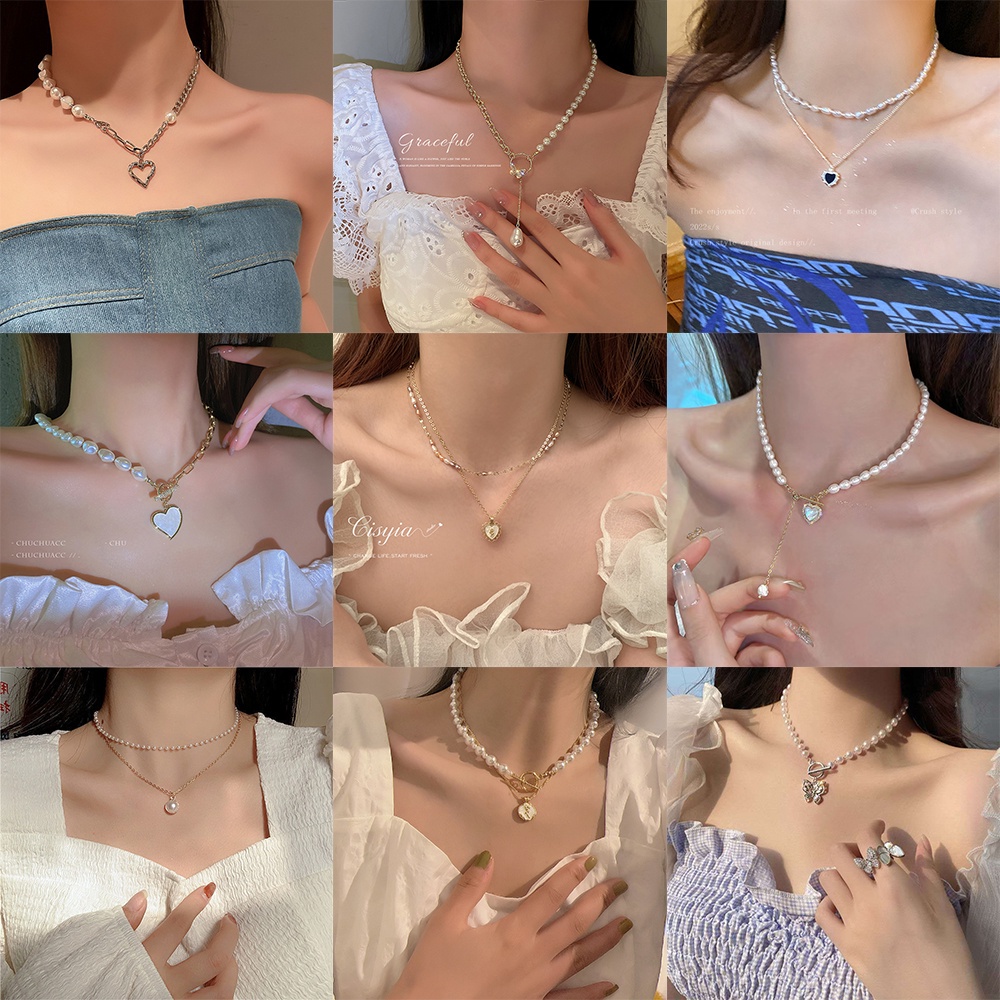 AY(CN) Kalung Rantai Klavikula Ganda Liontin Hati Tulip Minyak Mutiara Gaya Korea Elegan Untuk Aksesoris Perhiasan