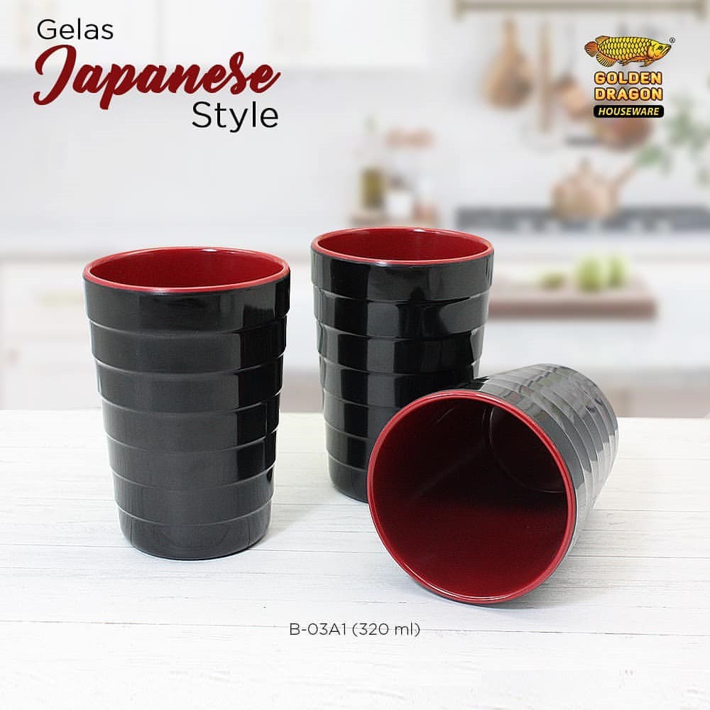 Gelas Ulir Merah Hitam/Gelas Ocha/Gelas Minum/Gelas Melamin
