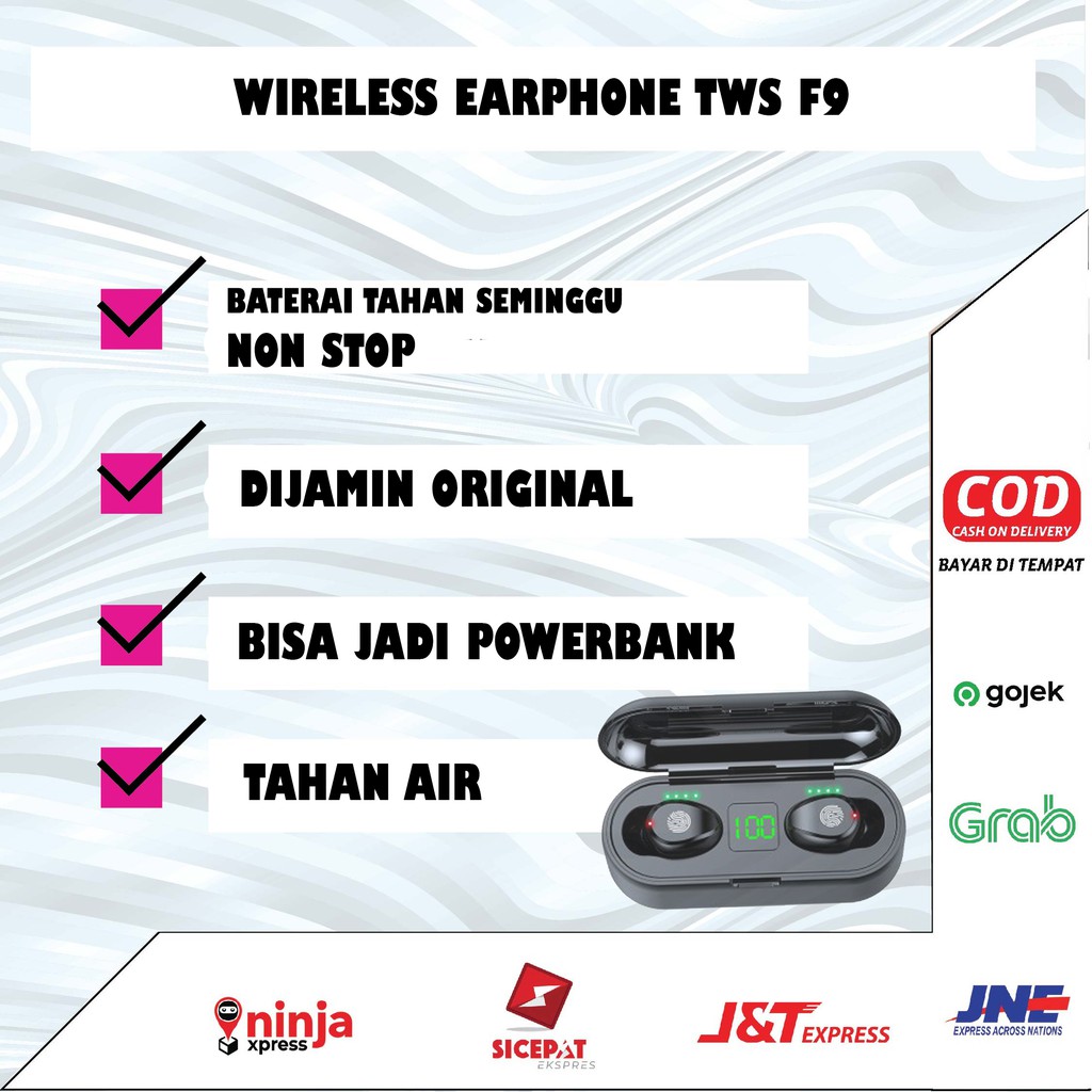 Earphone Headset Bluetooth TWS F9 Waterproof True Wireless Sport LED Touch Sensor Original TE7