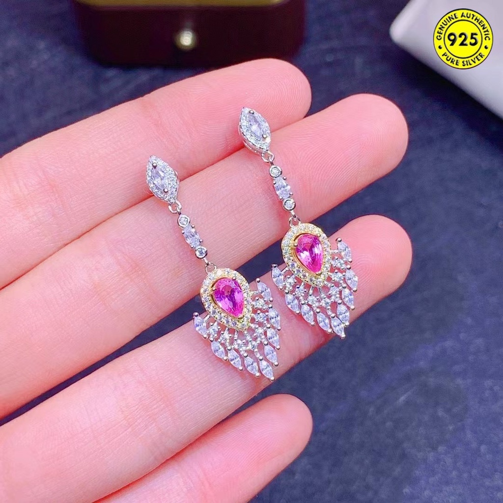 Anting Bentuk Water Drop Aksen Sapphire Warna Pink