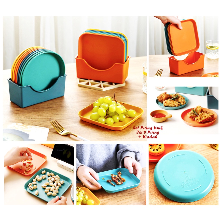Set Piring Plastik warna  8 in  1 dengan wadah Piring saji snack camilan ultah