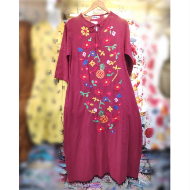 Gamis katun remaja wanita motif bunga bordir rumbai import