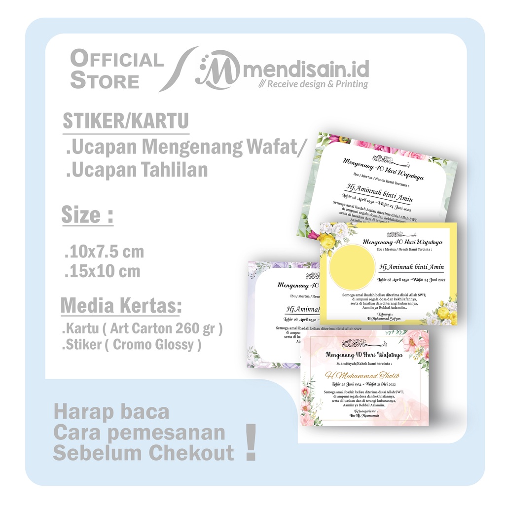 Kartu Ucapan tahlil - Kartu Mengenang 40/100 Hari wafat - Stiker ucapan Tahlil - Stiker Mengenang
