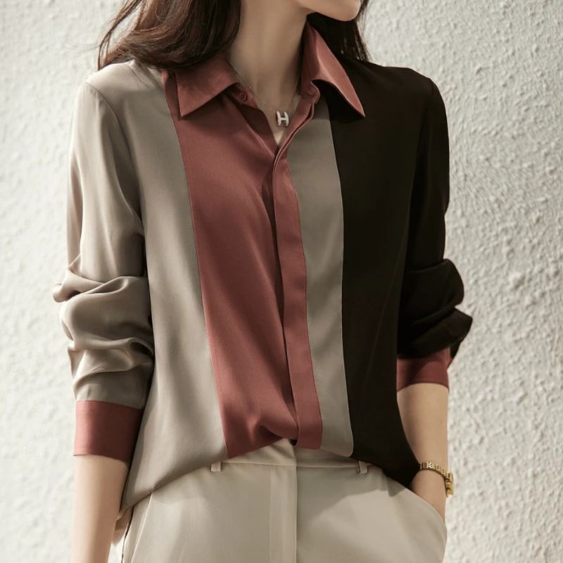 MDLV ~ 2820# Francesca Patchwork Shirt Kemeja Ombre Fashion Import