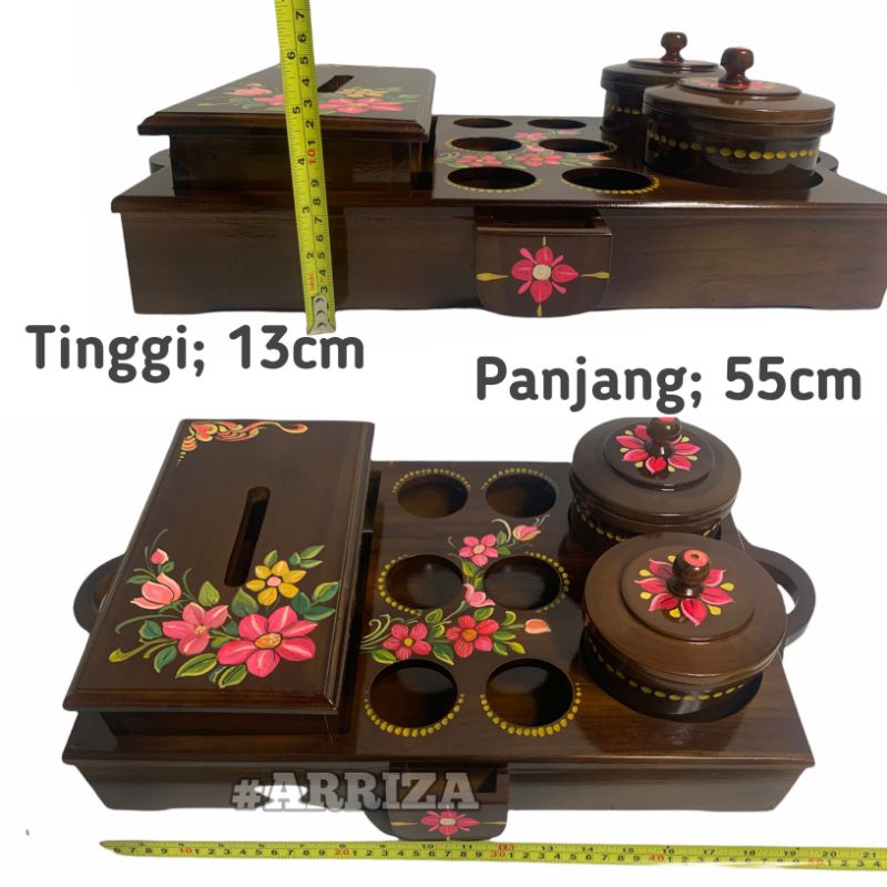 termurah TEMPAT AQUA GELAS SET TOPLES + TEMPAT TISU DARI KAYU JATI MOTIF WARNA LUKIS