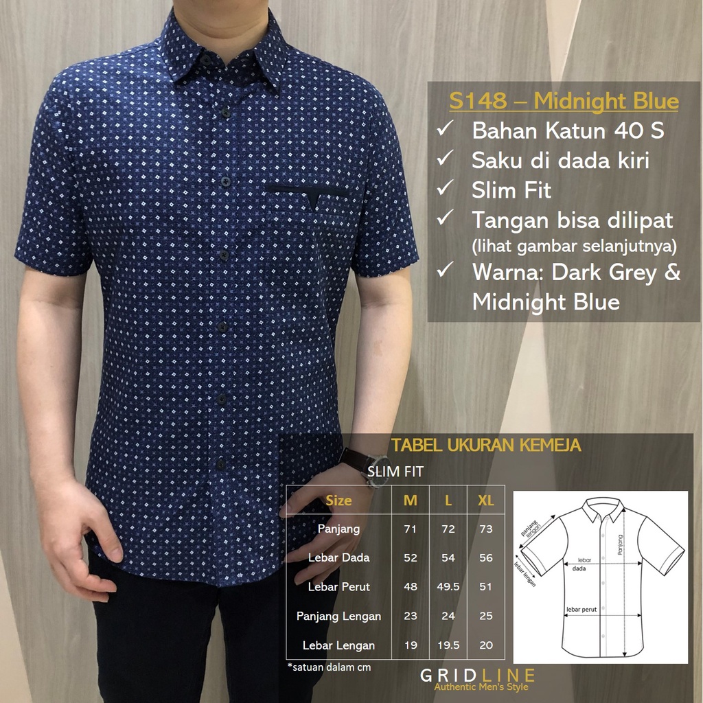 [GRIDLINE - S327 Graphite Grey &amp; Wood Brown - S148 Dark Grey &amp; Mid Blue] Kemeja Pria Slimfit Katun Lengan Pendek Print Hitam Biru Simple