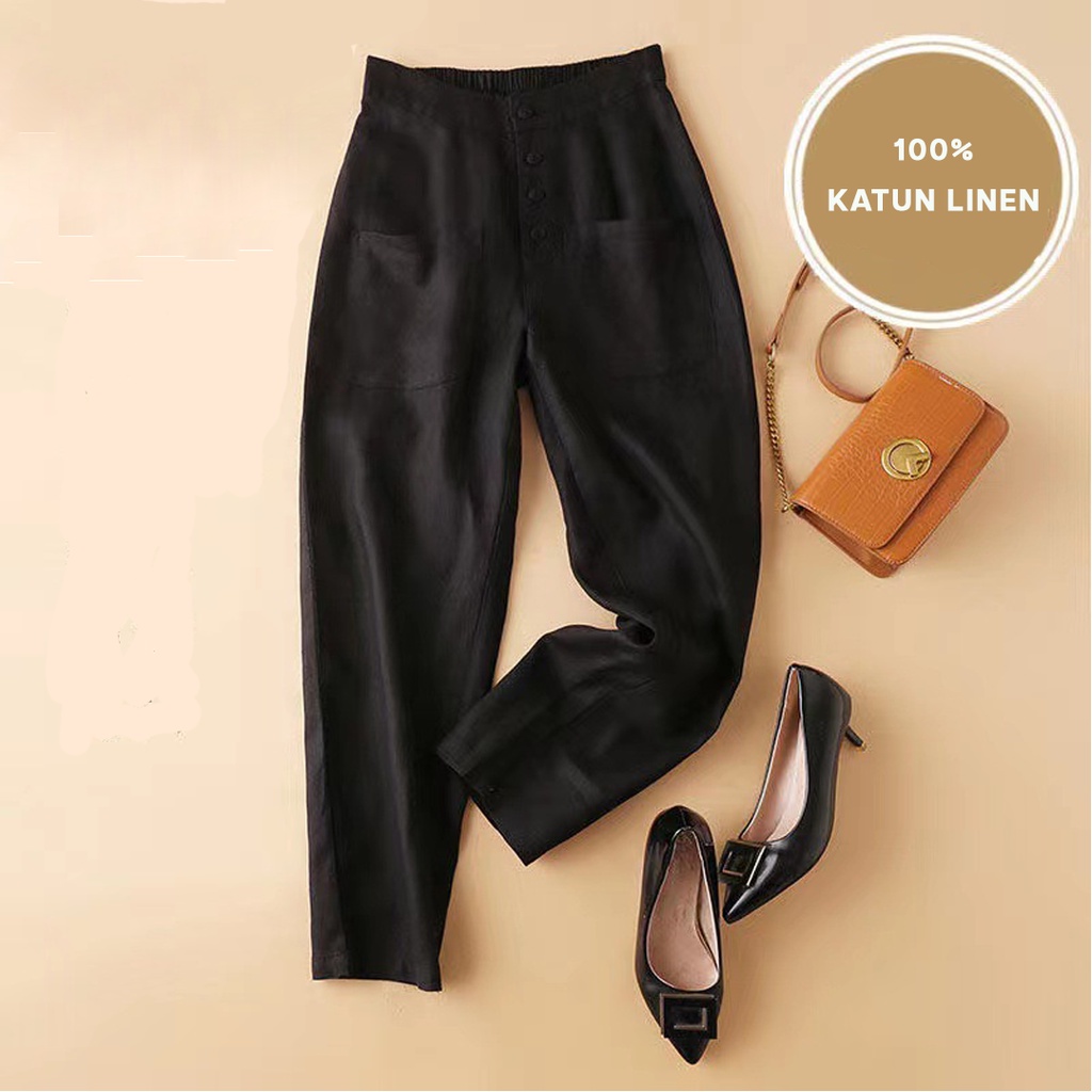 CELANA LINEN [M-XXL] HIGHWAIST MODEL KANCING