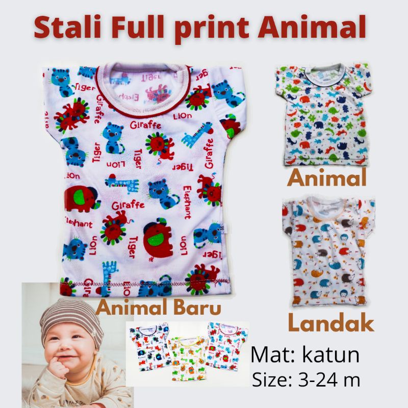 Kaos Oblong Bayi Stali Putih Lengan Pendek Motif Animal Full Print Usia 3 Sd 12 Bulan