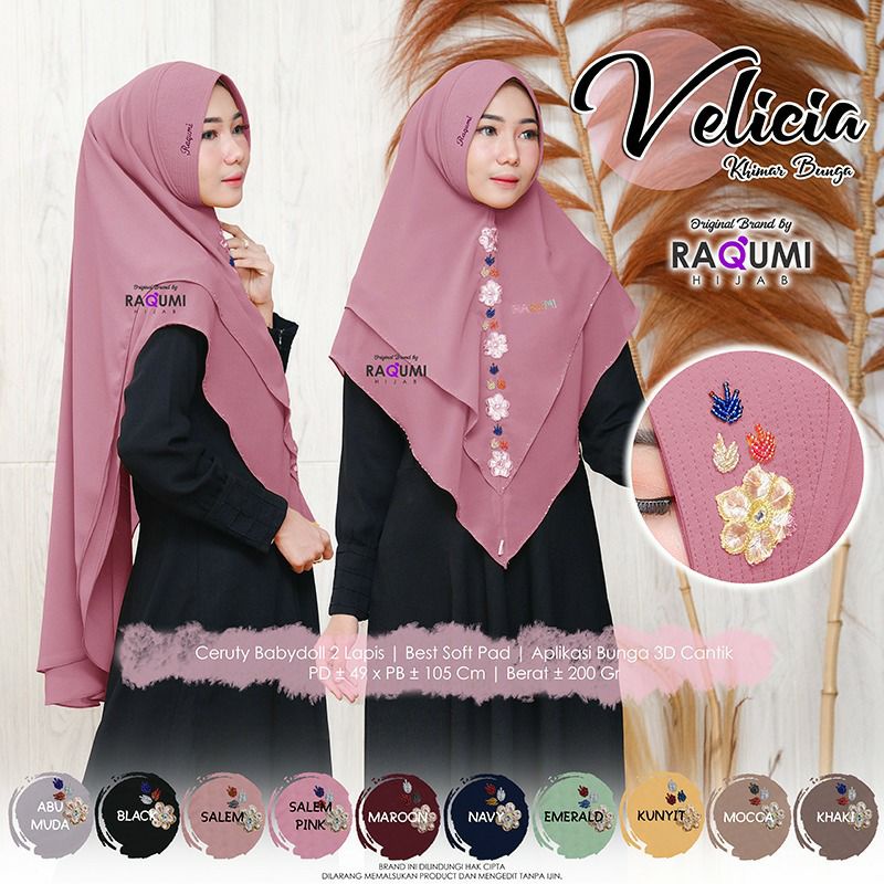Velicia Khimar bunga 3D Ceruty Babydoll Original Brand Raqumk hijab