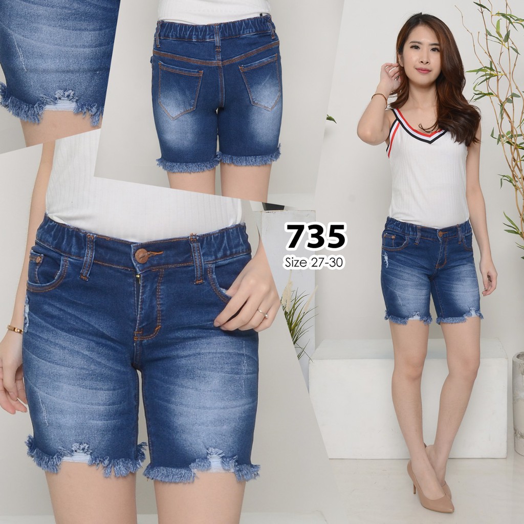 ( Bisa COD ) MC girl Hot Pants Pinggang Karet Wanita / Celana Pendek Jeans Sobek Rawis Wanita