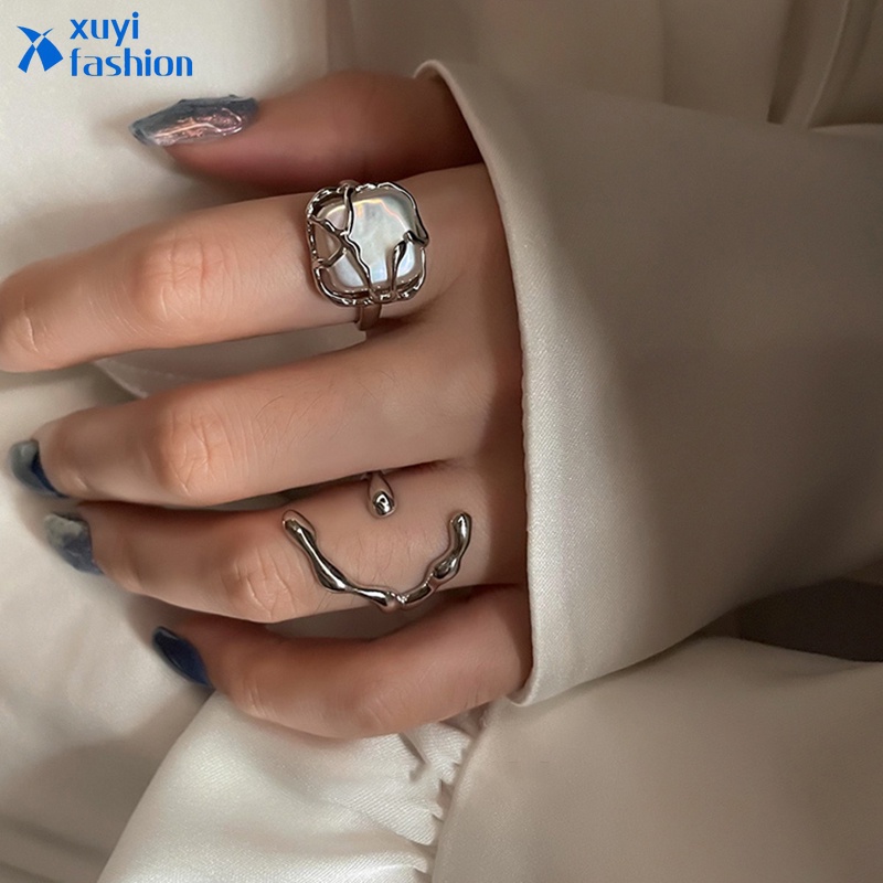 2pcs / Set Cincin Model Terbuka Desain Geometri Hias Mutiara Warna Silver Gaya Elegan Untuk Wanita