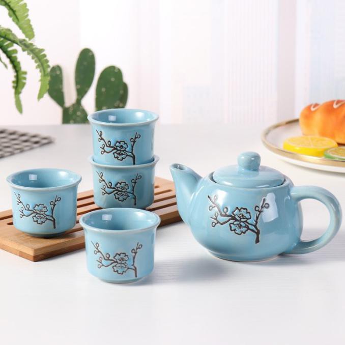 Chinese Tea Pot Flowers SET 4 Cups Ceramic With Gift Box Teko 4 Cups - Merah Muda