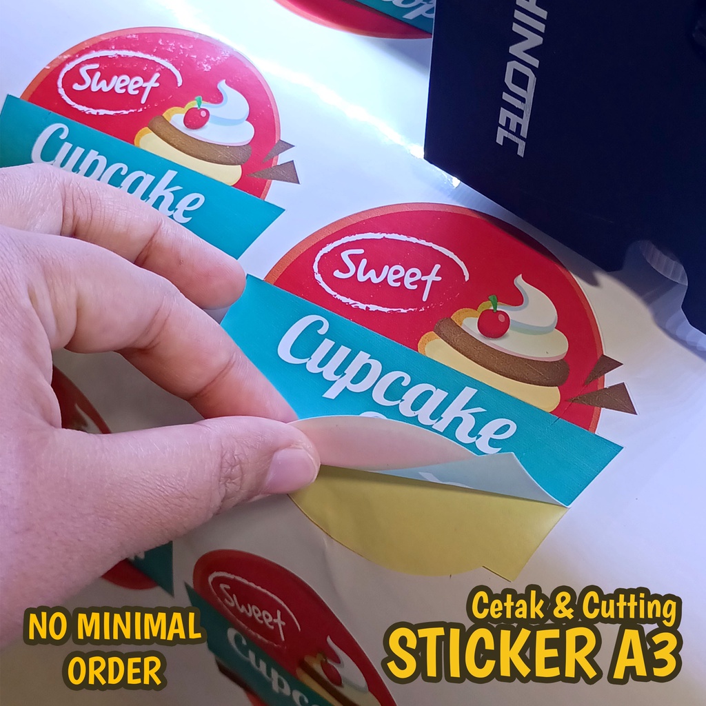 

Sticker label kemasan makanan, Cetak dan potong sticker A3 langsung tempel, print & cutting, bisa custom desain dan ukuran