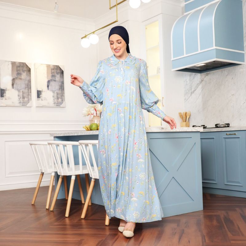 Longdress Rayon Motif Bunga - Gamis Rayon Motif Bunga - Gamis Rayon Warna Biru