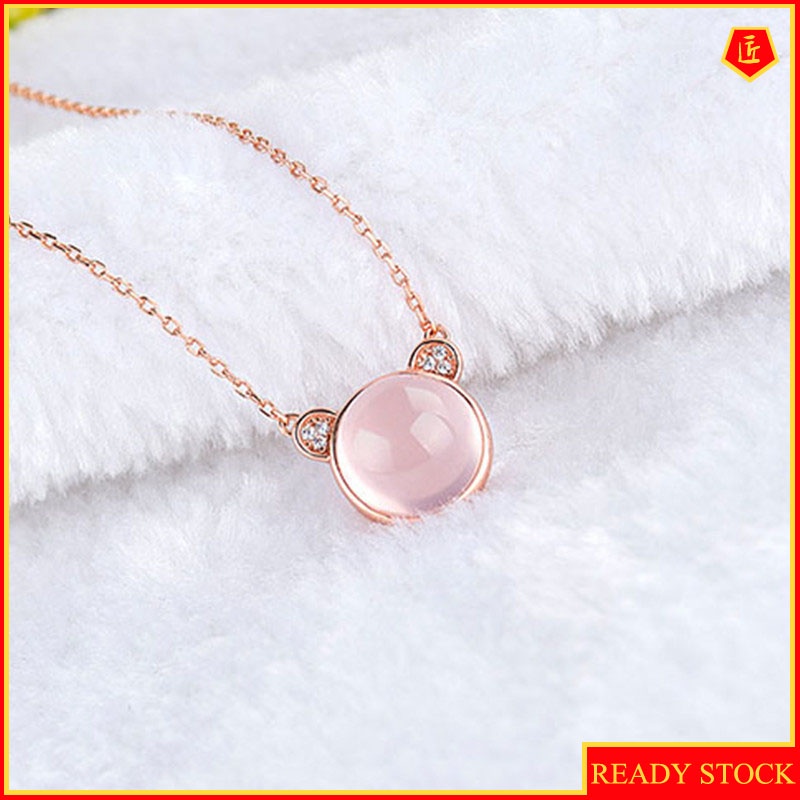 [Ready Stock]Fashion Inlaid Pink Crystal Bear Pendant Rose Gold Plated Necklace