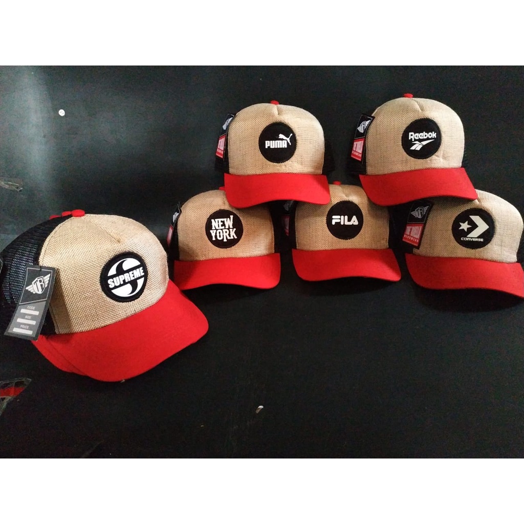 Topi Pria jaring baseball unisex cream merah motif random/realpict/COD